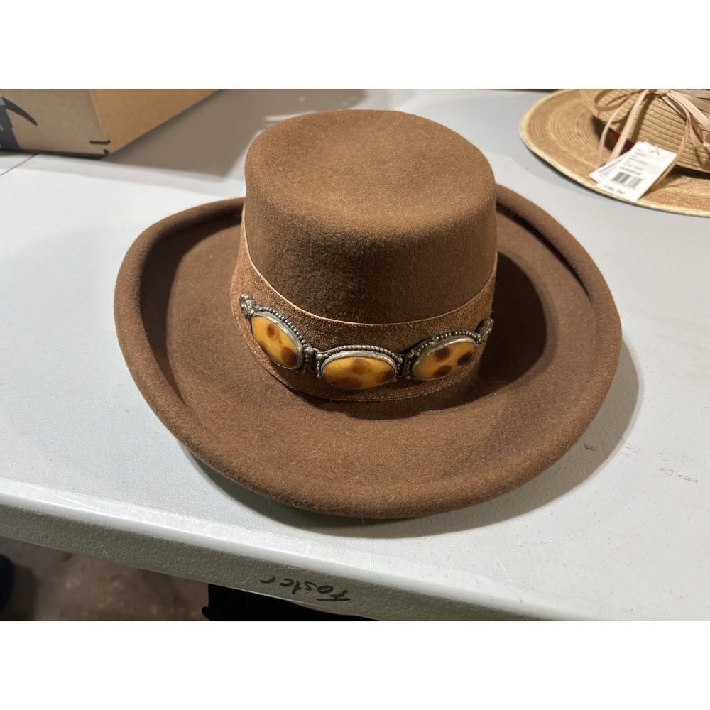 Eric Javits Brown Felt Wide-Brim Hat with Decorative Stones